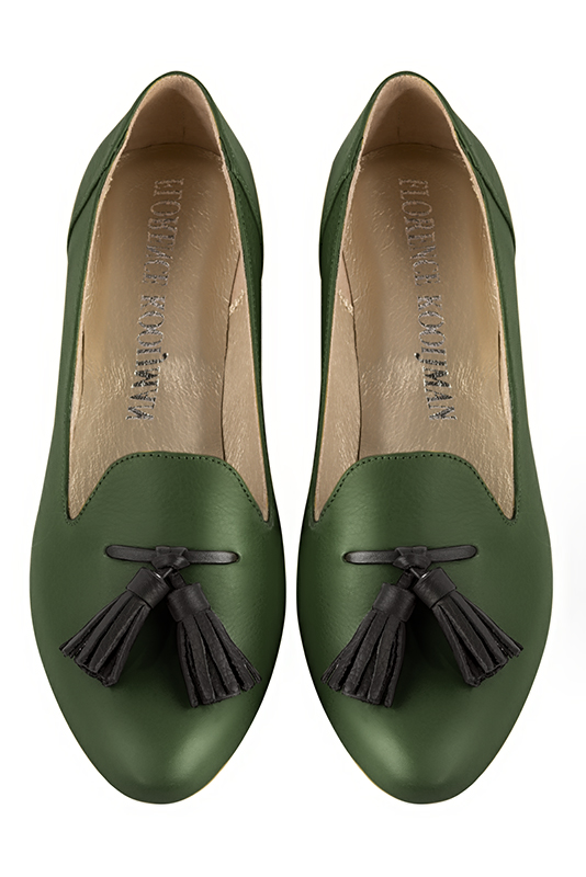 Forest green and satin black women's loafers with pompons. Round toe. Flat leather soles. Top view - Florence KOOIJMAN